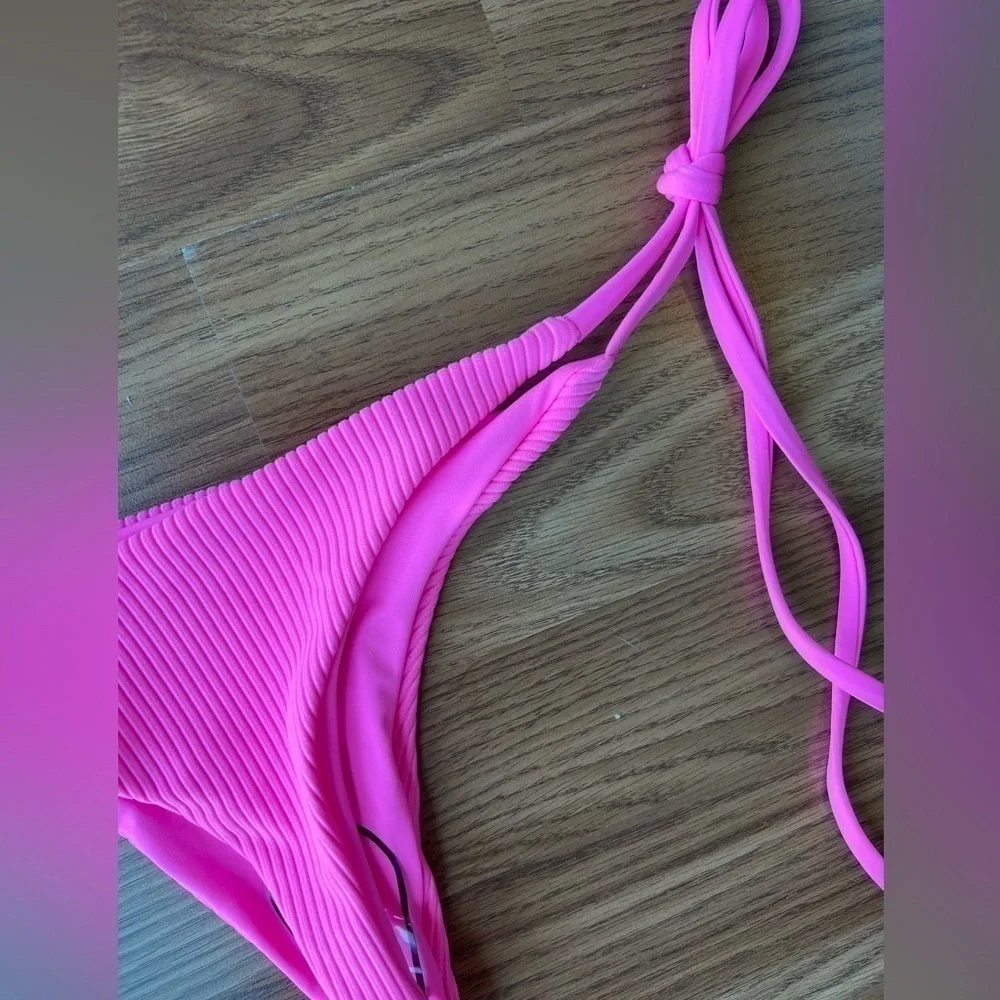 Frankies Bikinis Sky Ribbed Bikini Bottom in Pink Punch NWT